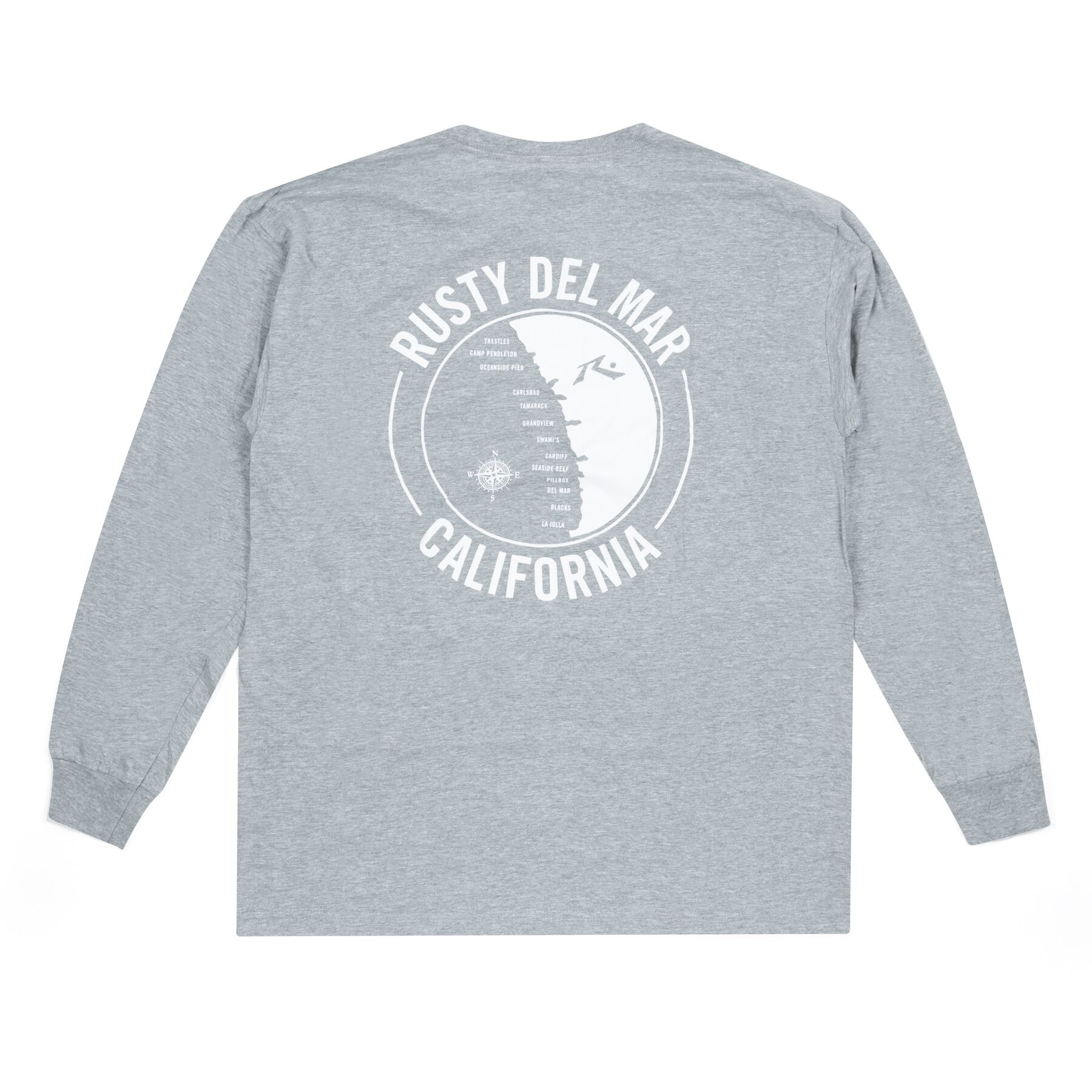 Rusty Del Mar Surf Map Long Sleeve T-Shirt in Heather Grey